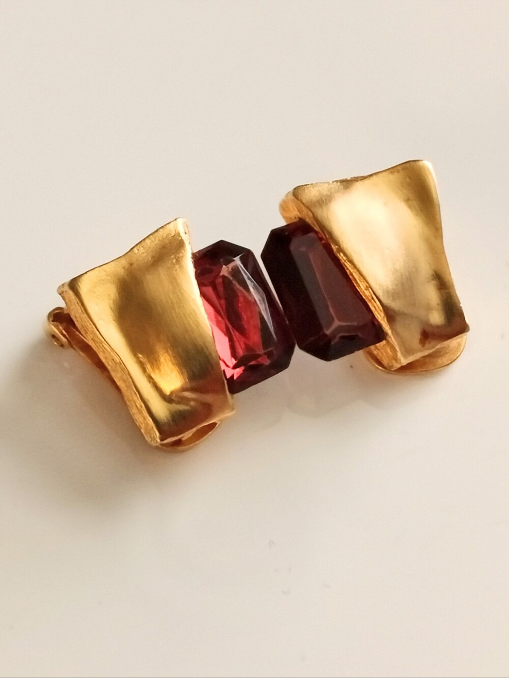 Vintage Garnet & Brushed Gold Clip Earrings